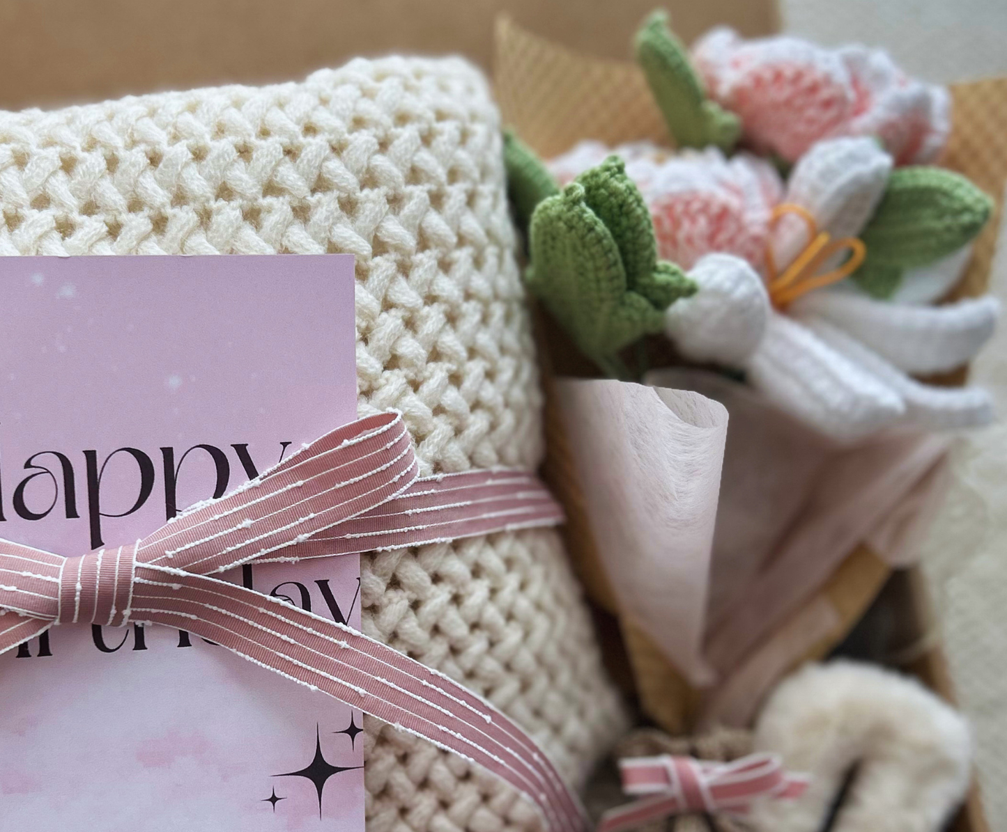 Birthday Gift Baskets for Her-with Cozy Blanket and Crochet Flower Bouquet Basketful Gifts