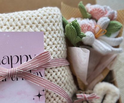 Birthday Gift Baskets for Her-with Cozy Blanket and Crochet Flower Bouquet Basketful Gifts