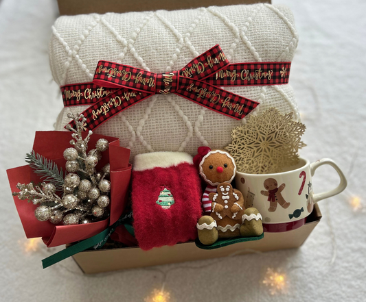Gingerbread Charm Christmas Gift Basket – Blanket, Gingerbread Toy, Mug & Mini Bouquet for Him or Her Basketful Gifts