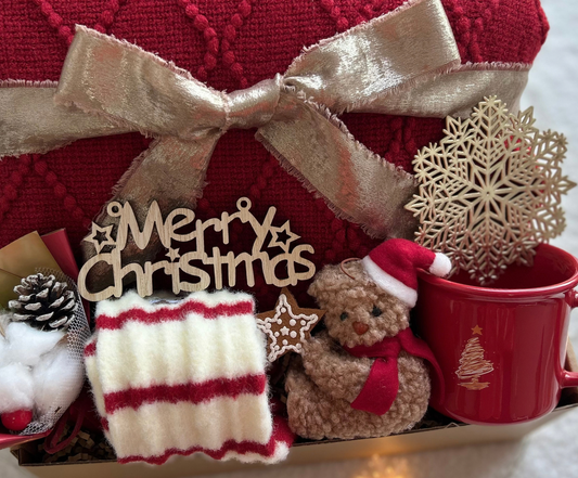 Merry Bear Luxe Box-Cozy Christmas Gift Basket with Red Blanket, Teddy Bear & Mug Basketful Gifts