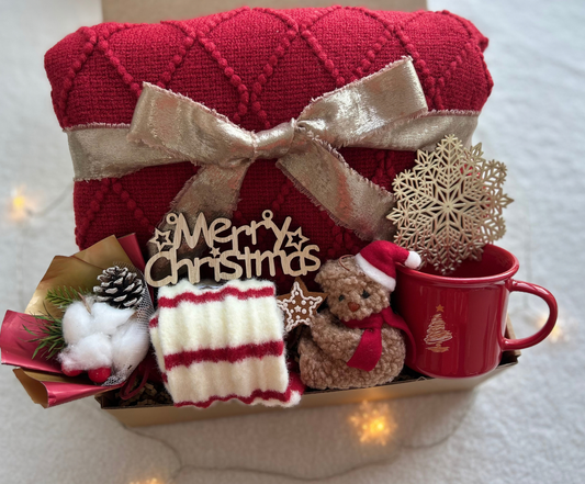 Merry Bear Luxe Box-Cozy Christmas Gift Basket with Red Blanket, Teddy Bear & Mug Basketful Gifts