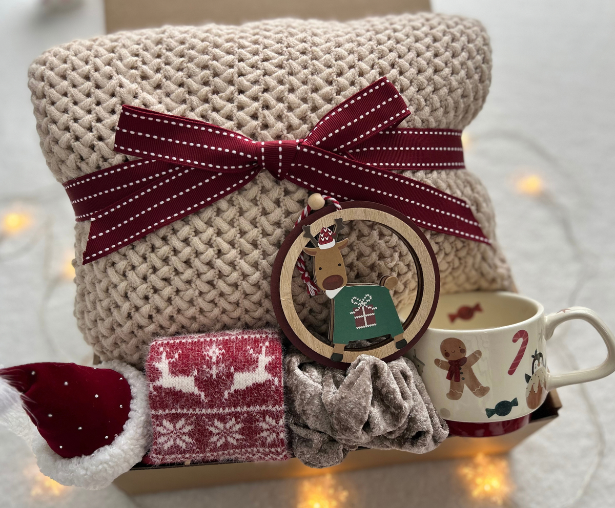 Gift Basket for Christmas -- Cozy Blanket & Gingerbread Mug Basketful Gifts
