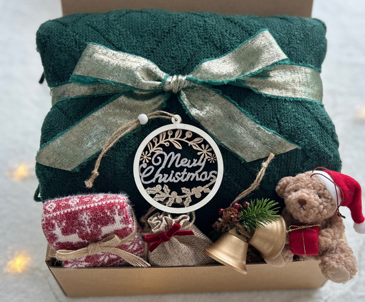 Emerald Jingle Christmas Gift Basket for Her – Plush Blanket, Teddy Bear & Fuzzy Socks Basketful Gifts