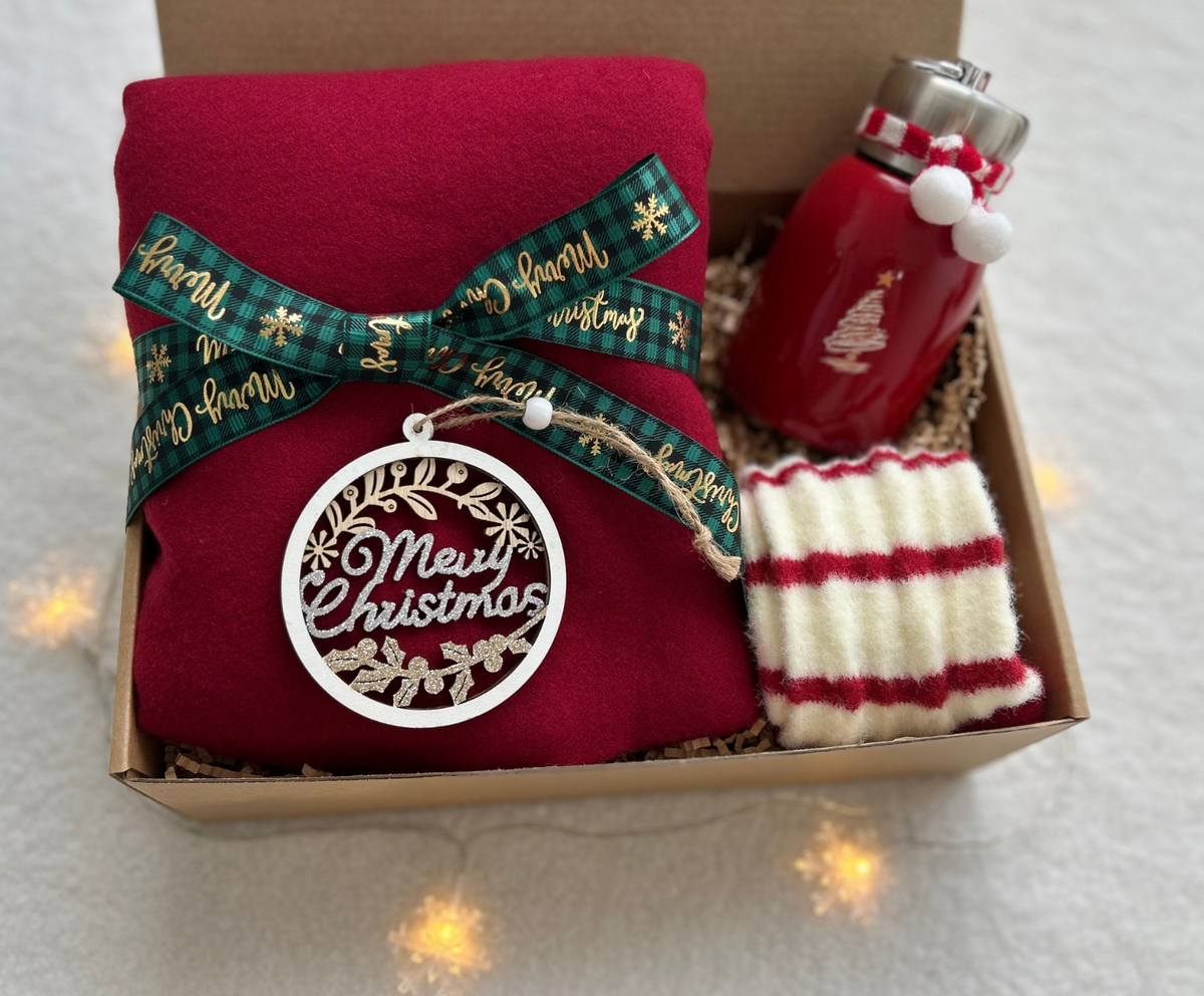 Wrapped in Red Christmas Gifts -- Chritmas Tumbler & Festive Wrap Basketful Gifts