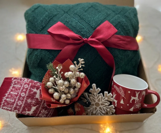 Gift Basket Christmas -- Cozy Blanket & Wool Holiday Socks Basketful Gifts