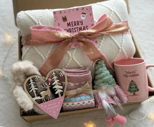 Pretty in Pink Christmas Gift Basket for Her – Cozy Blanket, Socks & Pink Holiday Mug Basketful Gifts