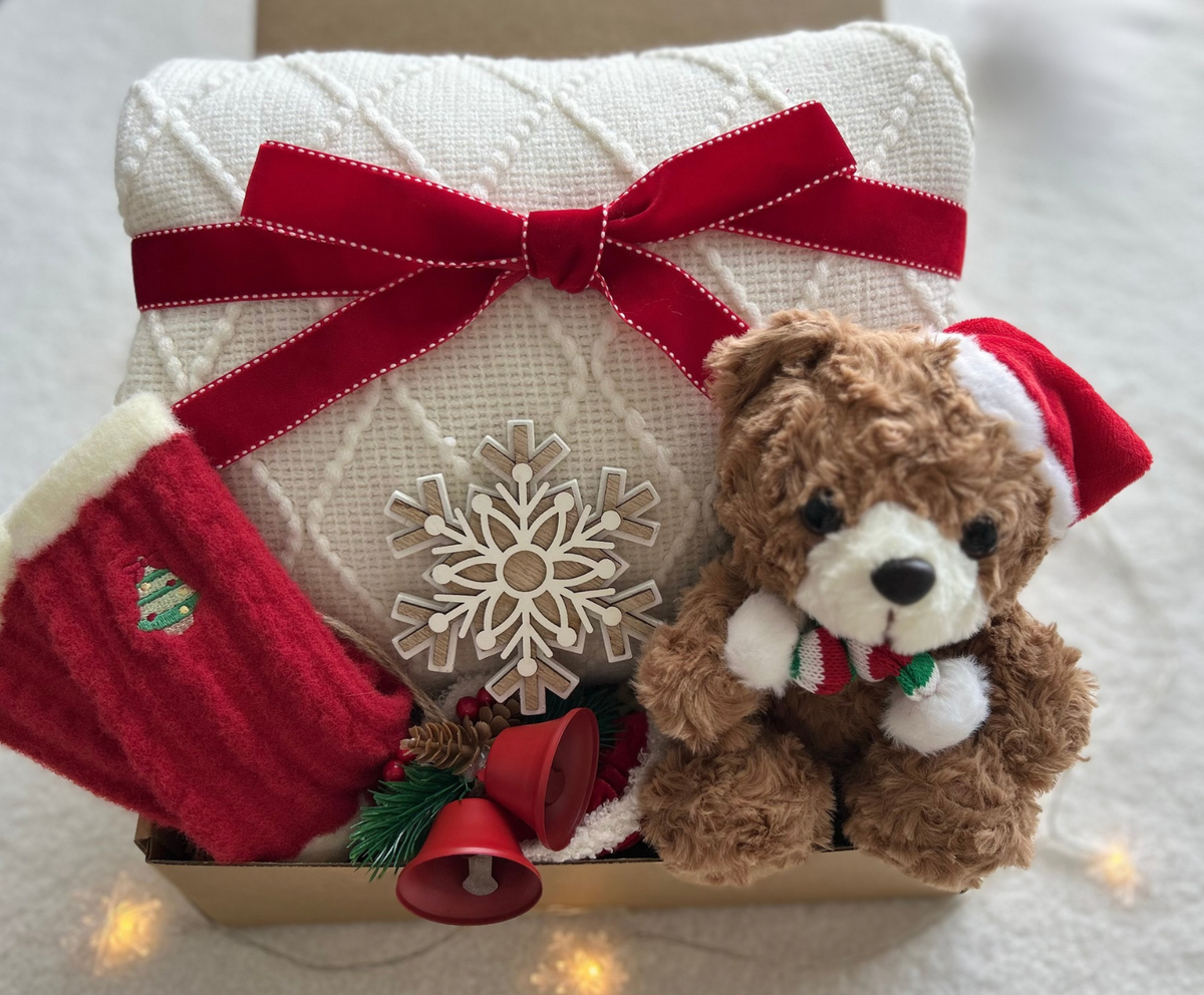 Christmas Bear Gift Basket with Cozy Wrap & Holiday Teddy Bear Basketful Gifts
