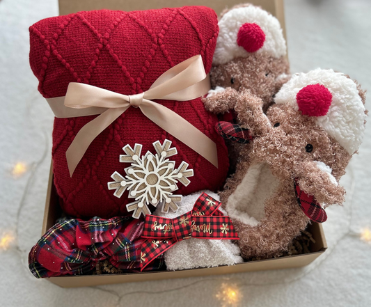 Warm & Toasty Christmas Gift Basket – Red Knit Blanket & Cozy Slippers Basketful Gifts