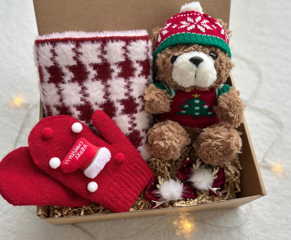 Christmas Gift Basket for Girls Ages 3–8 – Festive Wrap & Teddy Bear Basketful Gifts