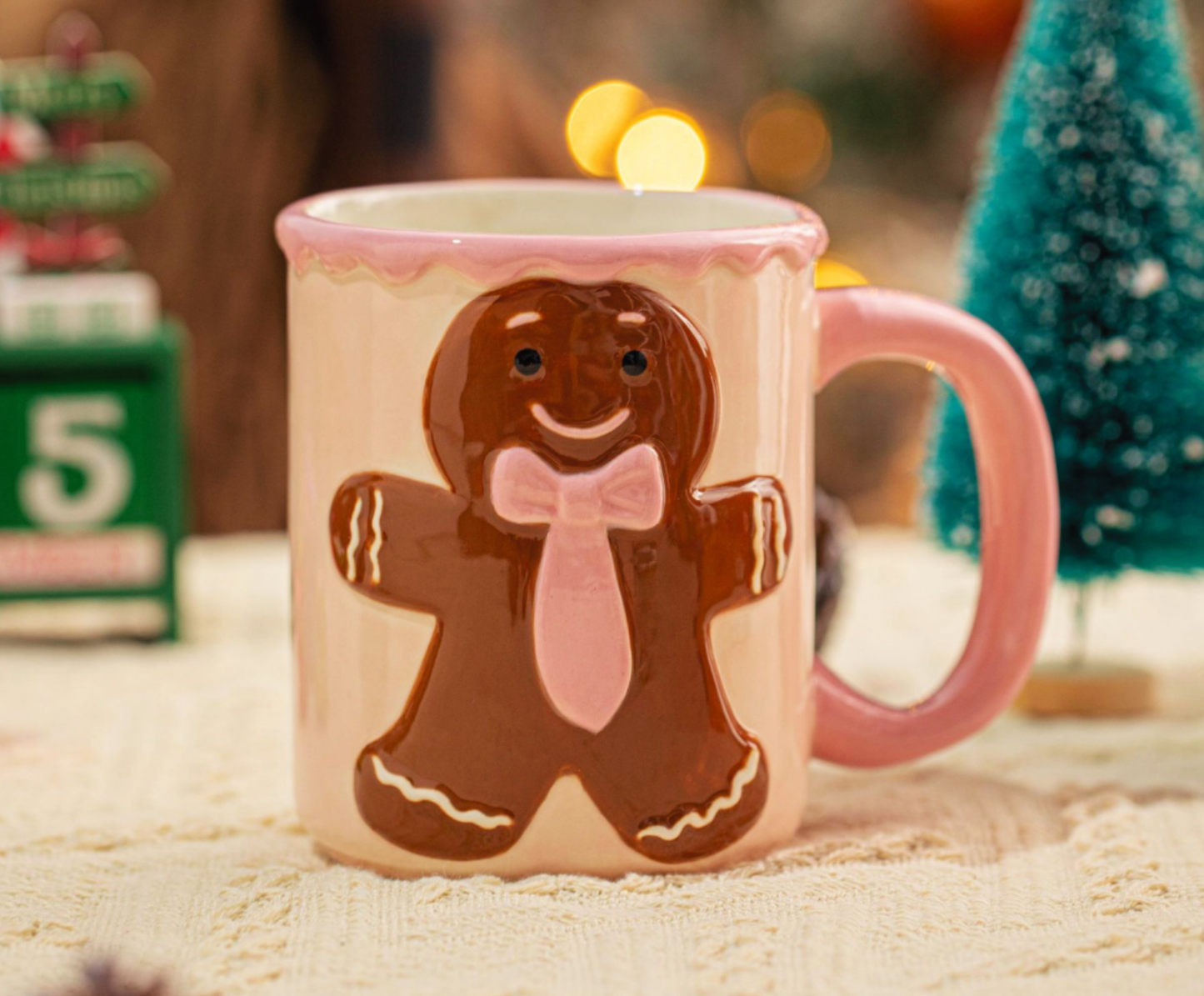 Pink Christmas Gift Baskets for Her with Wool Blend Pink Scarf and Gingerbread Man Mug