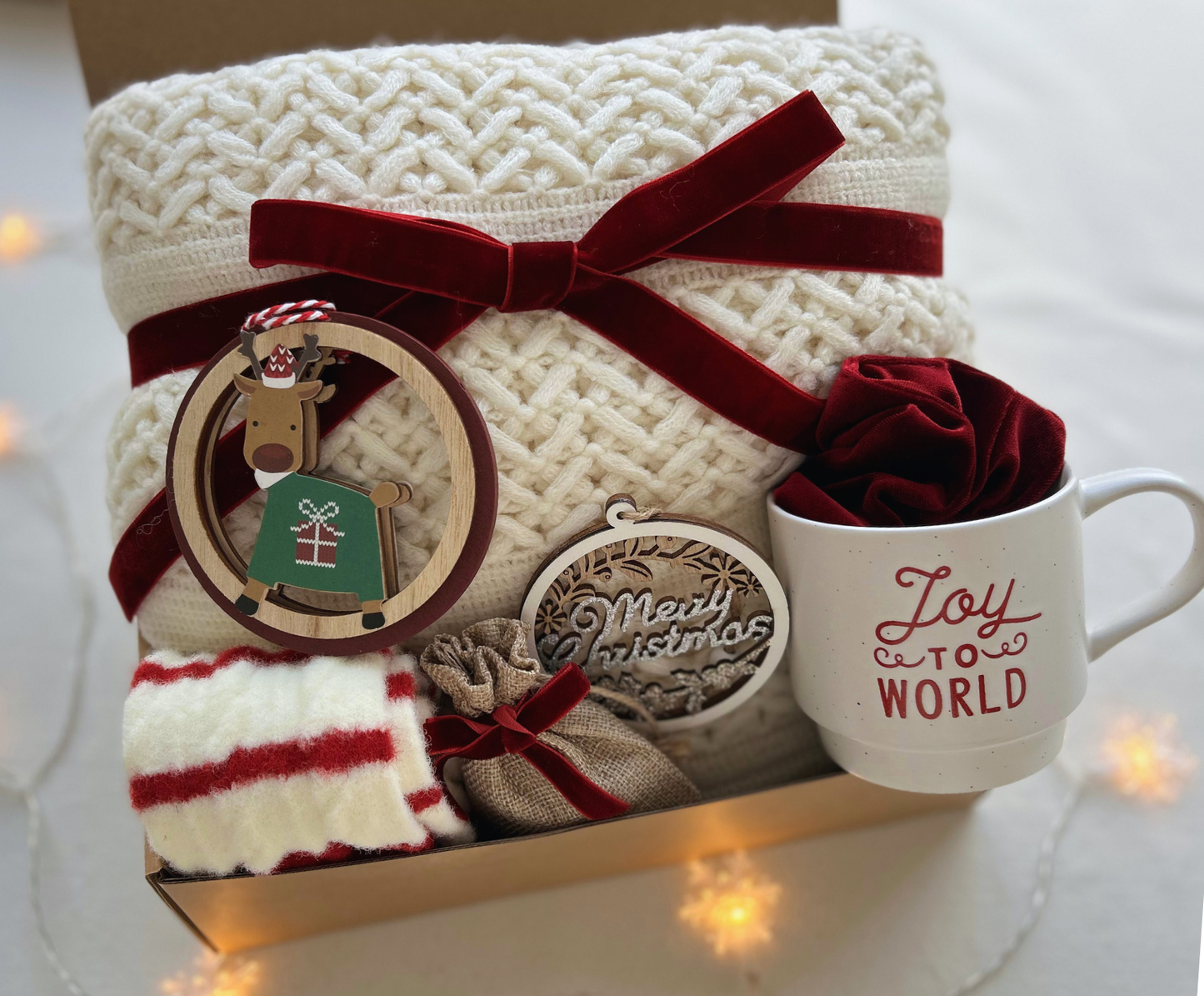 Burgundy Velvet Christmas Gift Basket for Family & Friends with Blanket & Mugs