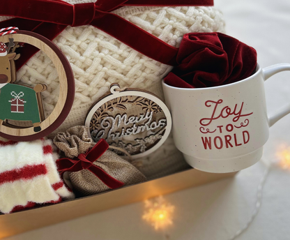 Burgundy Velvet Christmas Gift Basket for Family & Friends with Blanket & Mugs