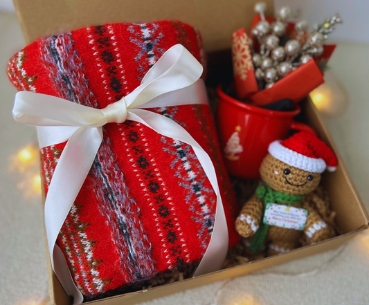 Christmas Gift Box with Wool Blend Fair Isle Scarf and Crochet Gingerbread man