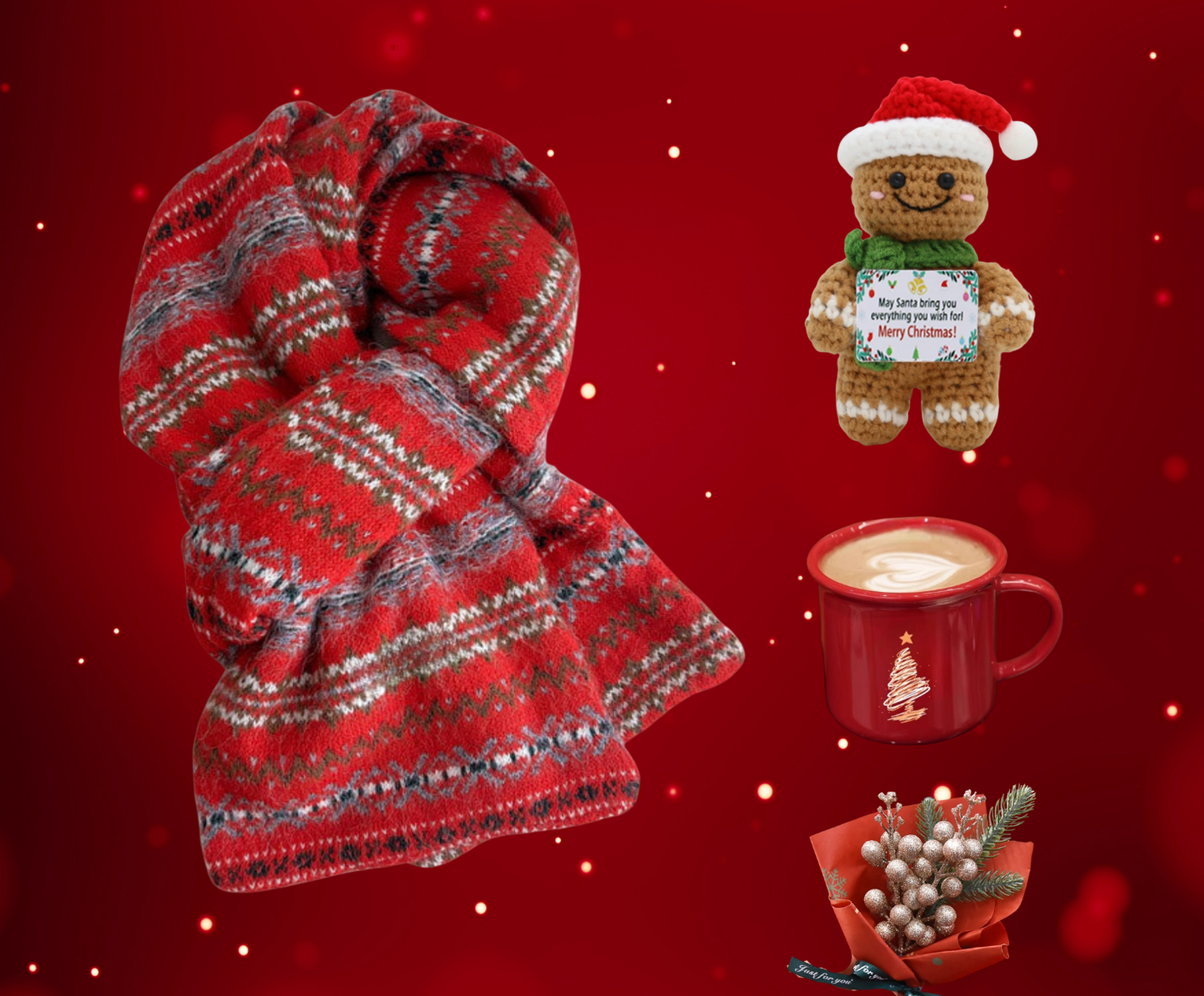 Christmas Gift Box with Wool Blend Fair Isle Scarf and Crochet Gingerbread man