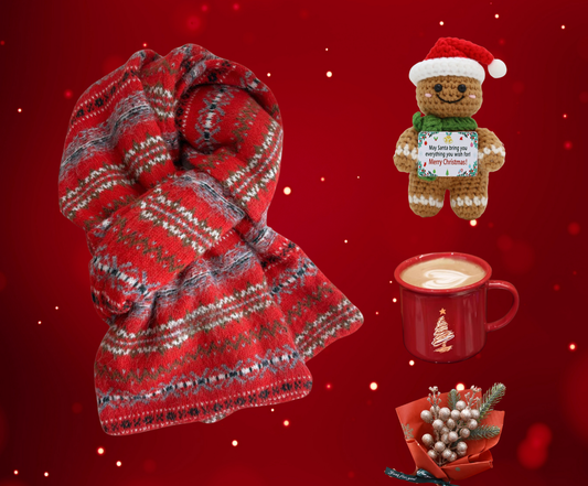 Christmas Gift Box with Wool Blend Fair Isle Scarf and Crochet Gingerbread man