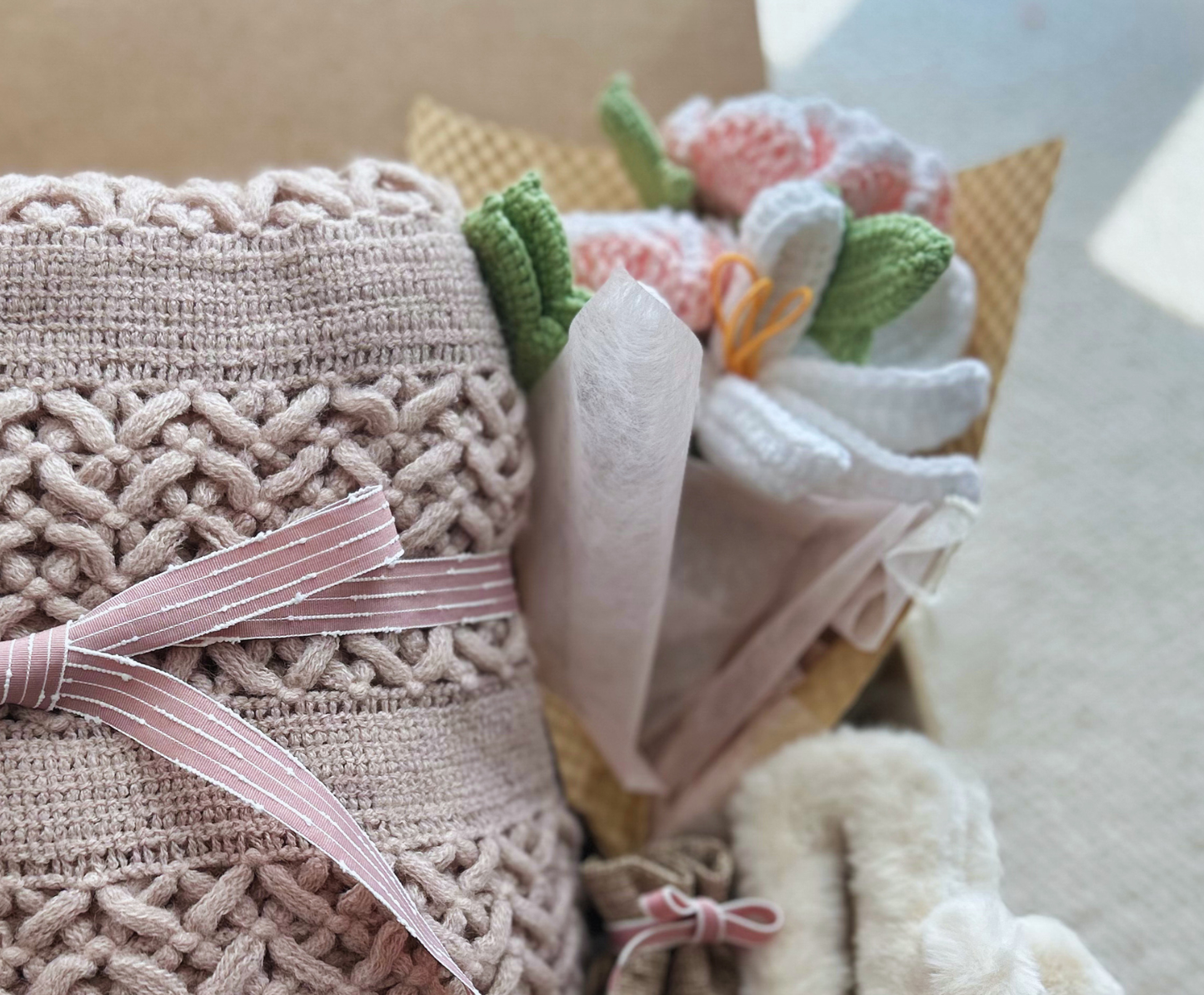 Self Care Basket for Her - With Boho Knit Cozy Blanket and Pink Peony Crochet Bouquet Basketful Gifts