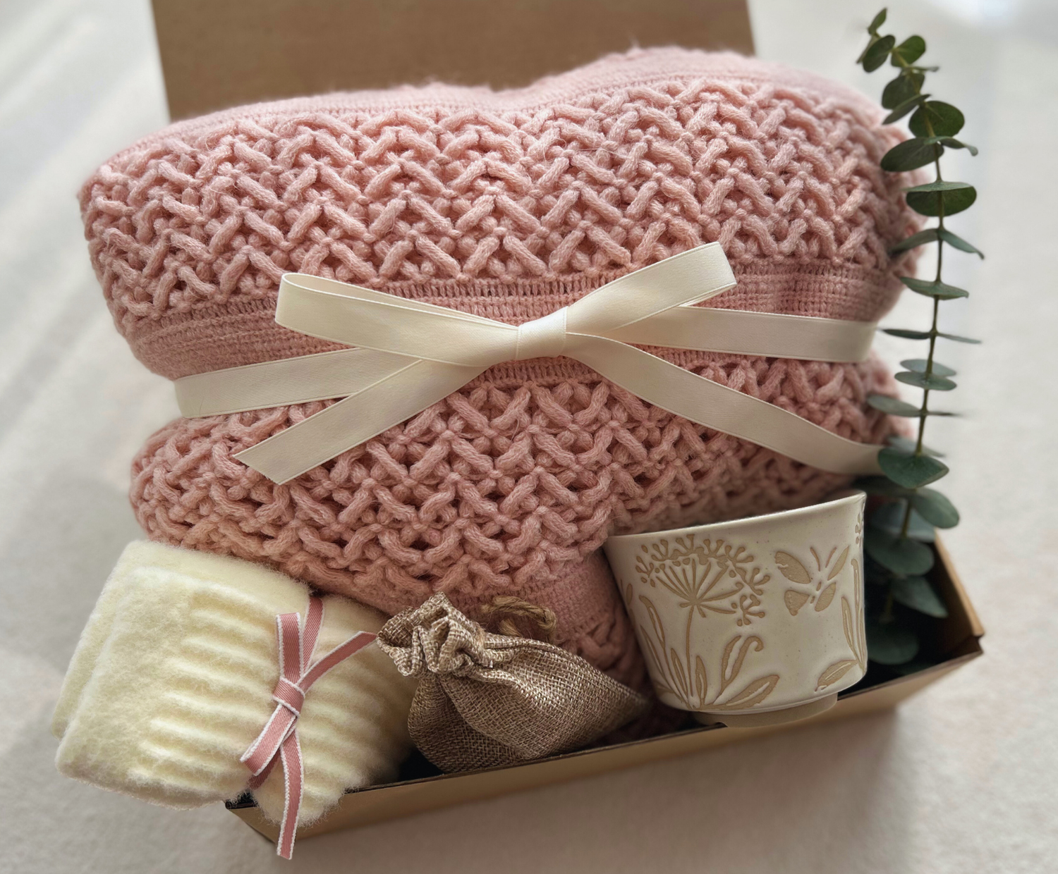 Best Friend Gift Baskets for Women with Pink Boho Blanket and Mug Basketful Gifts