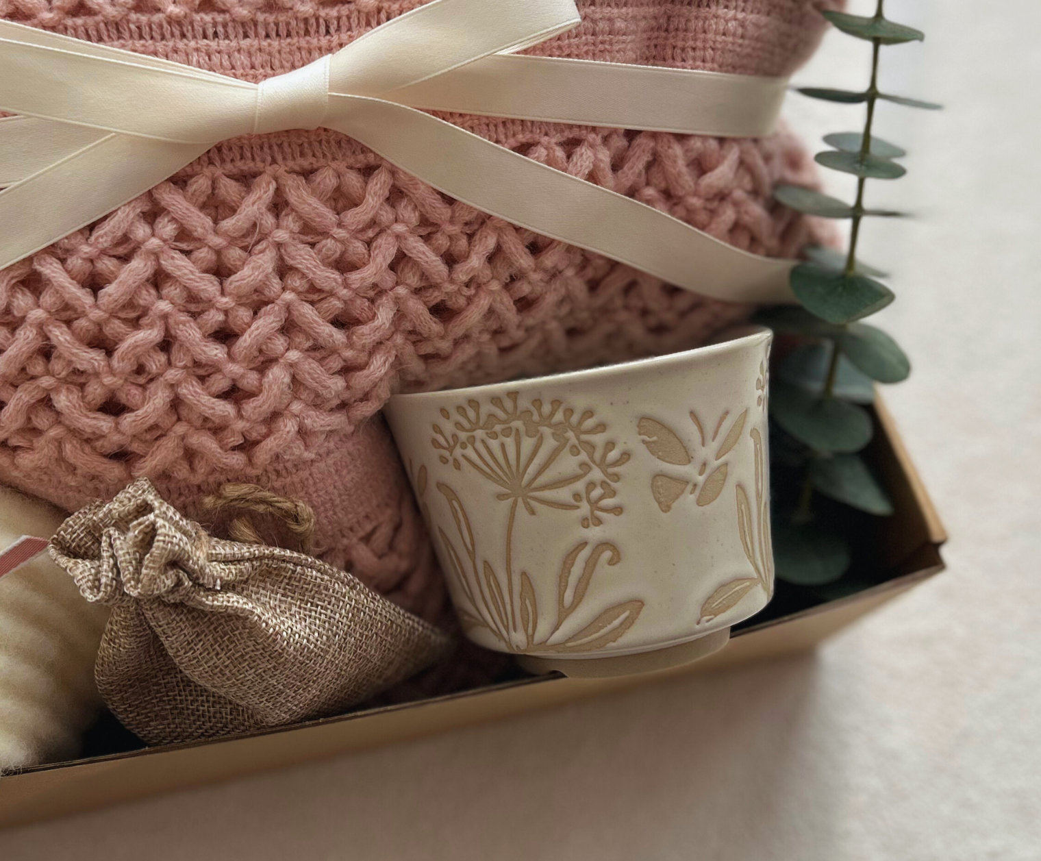 Best Friend Gift Baskets for Women with Pink Boho Blanket and Mug Basketful Gifts