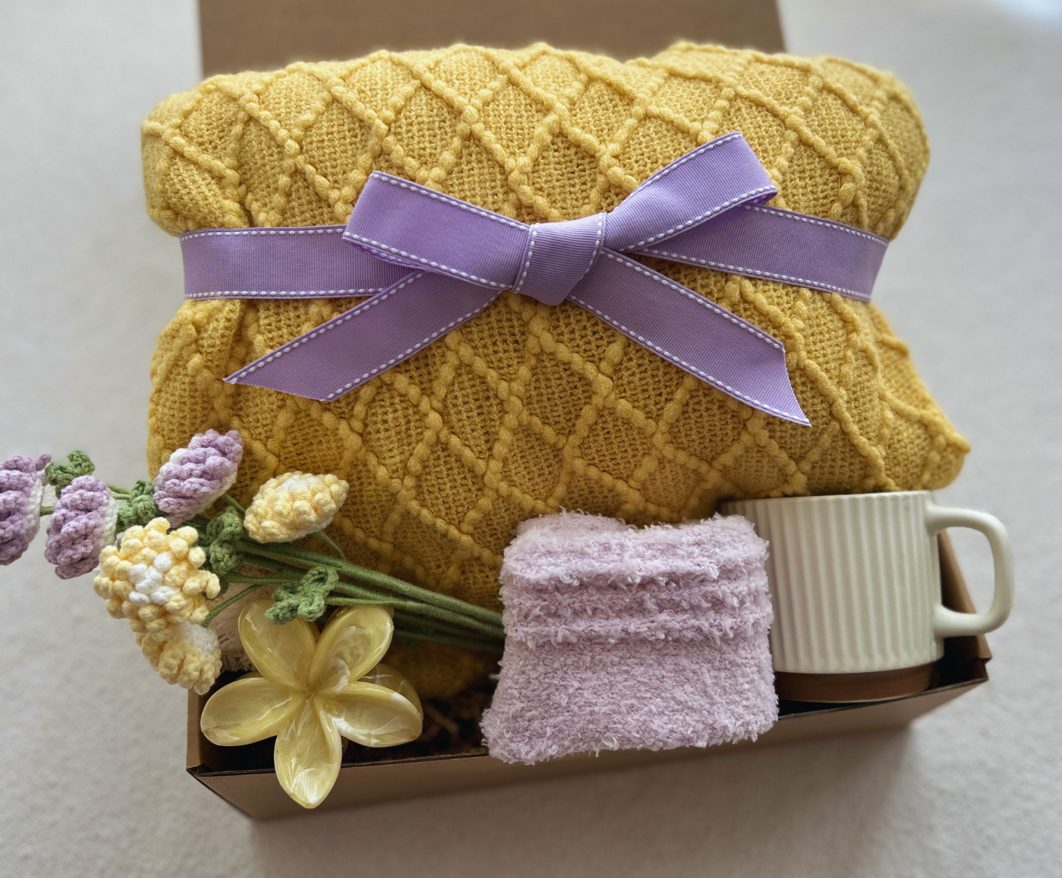 Care Package for Friends & Family with Crochet Flower and Cozy Yellow Blanket Basketful Gifts