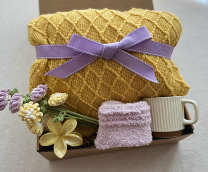 Care Package for Friends & Family with Crochet Flower and Cozy Yellow Blanket Basketful Gifts