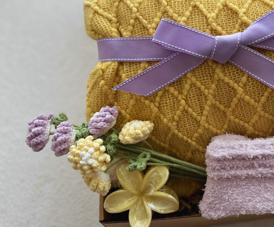 Care Package for Friends & Family with Crochet Flower and Cozy Yellow Blanket Basketful Gifts