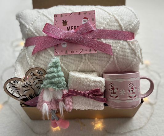 Pretty in Pink Christmas Gift Basket for Her – Cozy Blanket, Socks & Pink Holiday Mug Basketful Gifts