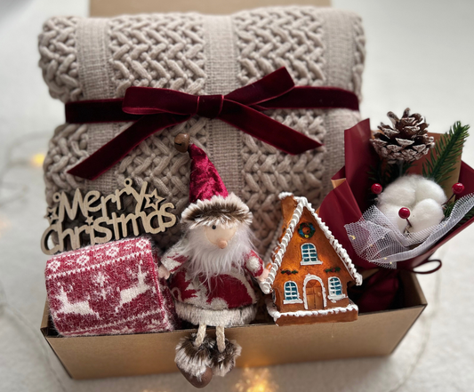 With Love Christmas Gift Basket for Mom & Grandma – Cozy Blanket, Plush Santa & Light-Up Cabin Basketful Gifts