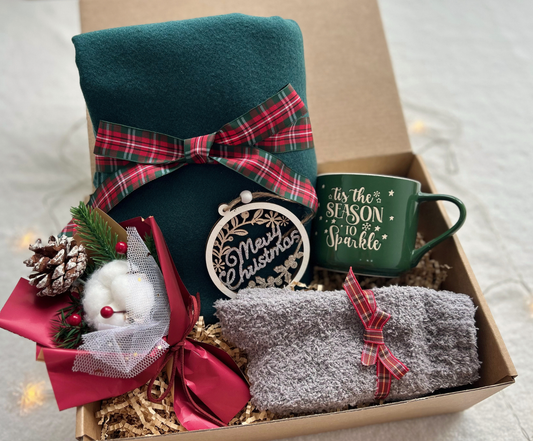 Warm Wishes Christmas Gift Set – Scarf, Cozy Socks, Tumbler & Keepsake Ornament Basketful Gifts