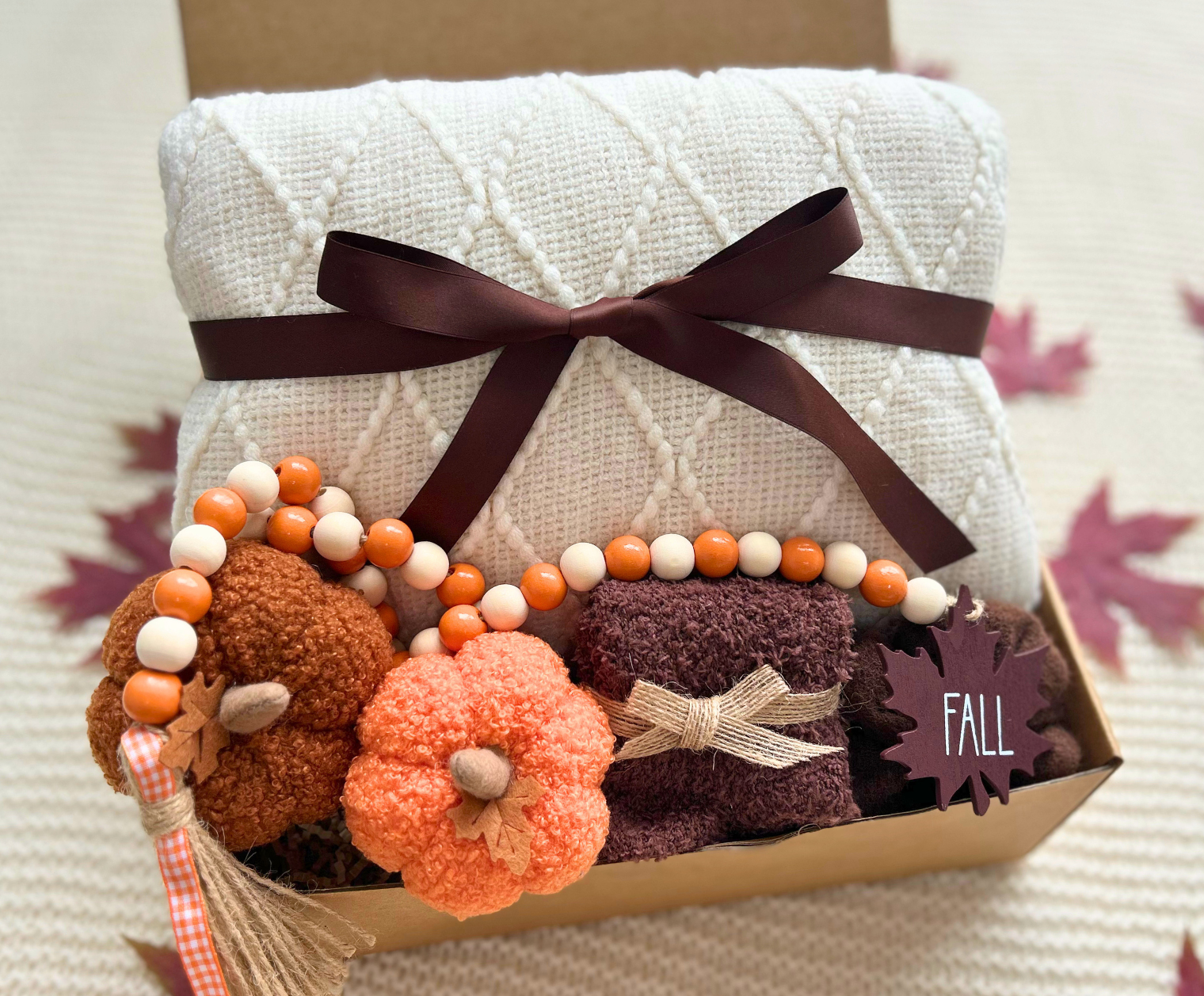 Fall Pumpkin & Blanket Gift Basket – Crocheted Pumpkins, Wood Bead Garland & Cozy Socks Basketful Gifts