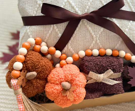 Fall Pumpkin & Blanket Gift Basket – Crocheted Pumpkins, Wood Bead Garland & Cozy Socks Basketful Gifts
