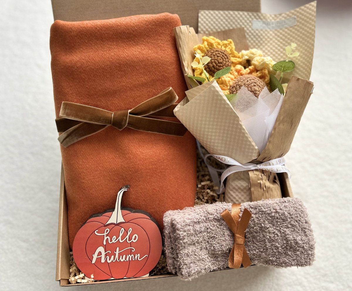 Hello Autumn Fall Scarf & Sunflower Bouquet Gift Box Basketful Gifts