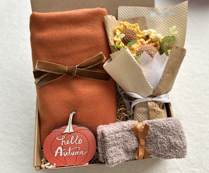 Hello Autumn Fall Scarf & Sunflower Bouquet Gift Box Basketful Gifts