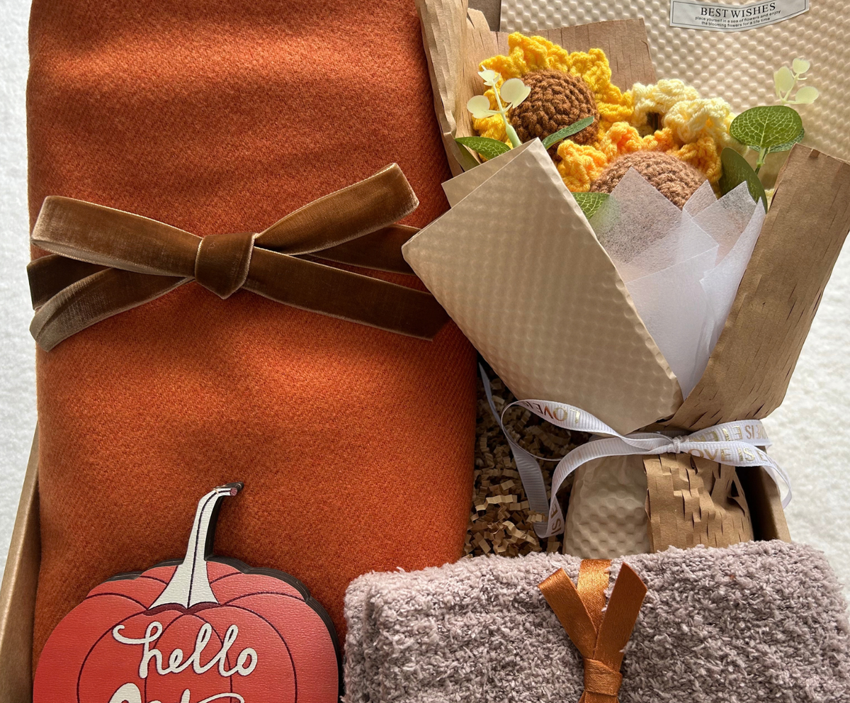Hello Autumn Fall Scarf & Sunflower Bouquet Gift Box Basketful Gifts