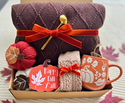 Fall Cozy Care Package for Her – Plum Blanket, Pumpkin Mug & Warm Socks Gift Basket Basketful Gifts