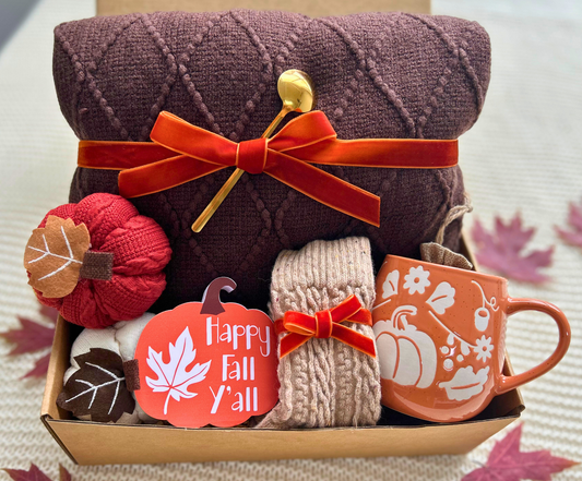 Fall Cozy Care Package for Her – Plum Blanket, Pumpkin Mug & Warm Socks Gift Basket Basketful Gifts