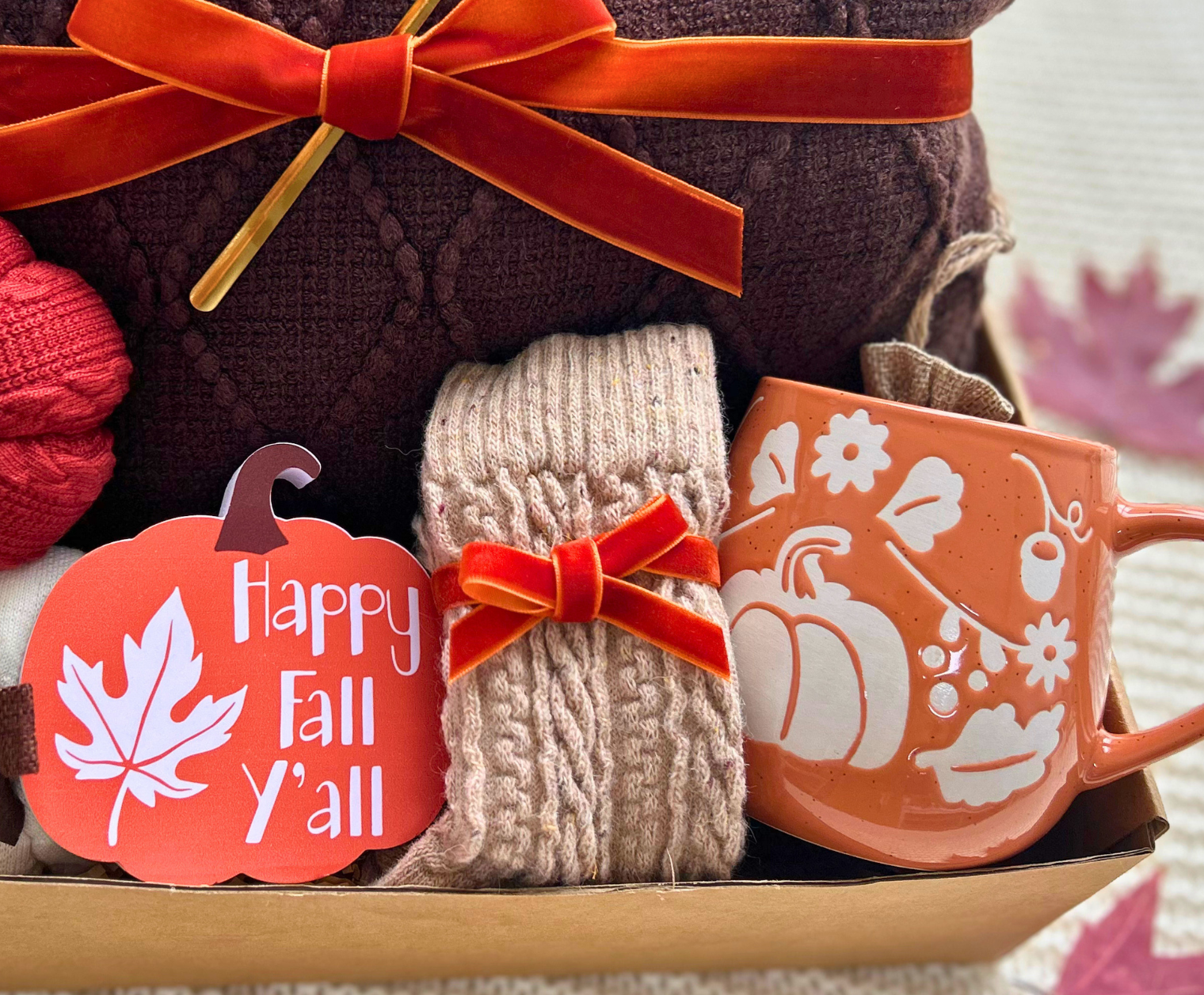 Fall Cozy Care Package for Her – Plum Blanket, Pumpkin Mug & Warm Socks Gift Basket Basketful Gifts