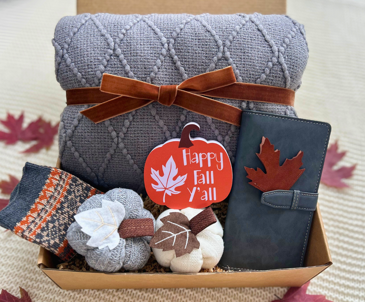 Fall Cozy Care Package for Her – Plum Blanket, Pumpkin Mug & Warm Socks Gift Basket (Copy) Basketful Gifts