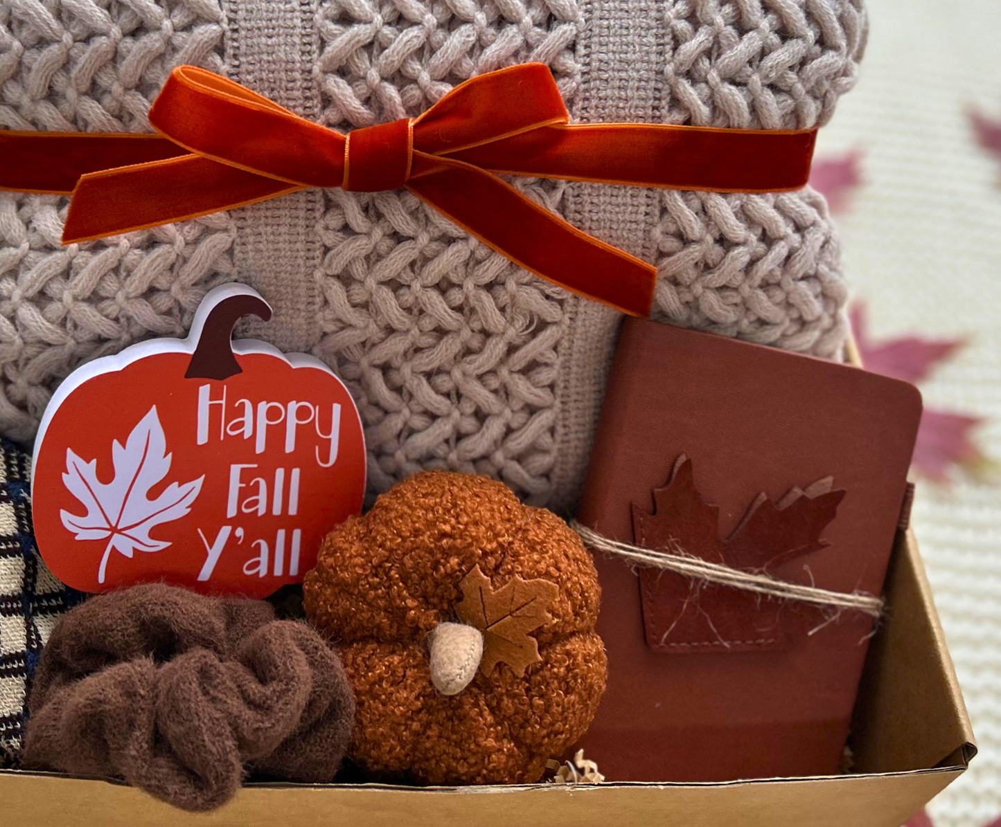 Autumn Harvest Gift Basket for Her – Cozy Blanket, Crocheted Pumpkin & Fall Accessories Basketful Gifts