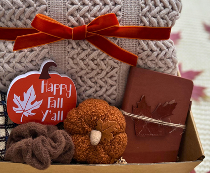 Autumn Harvest Gift Basket for Her – Cozy Blanket, Crocheted Pumpkin & Fall Accessories Basketful Gifts