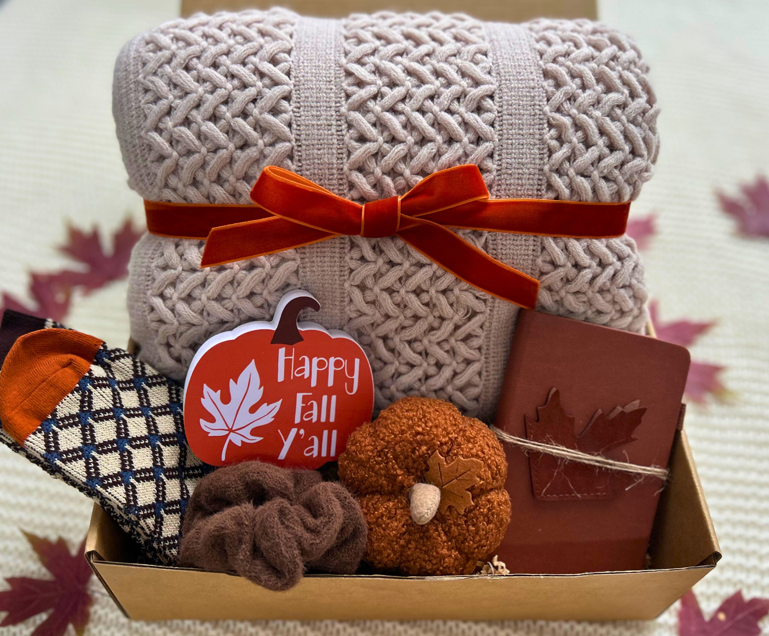 Autumn Harvest Gift Basket for Her – Cozy Blanket, Crocheted Pumpkin & Fall Accessories Basketful Gifts