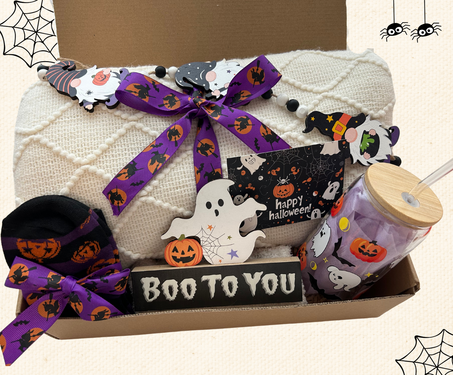 Halloween Gift Basket with Blanket Pumpkin Glass Tumbler