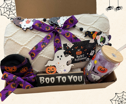 Halloween Gift Basket with Blanket Pumpkin Glass Tumbler