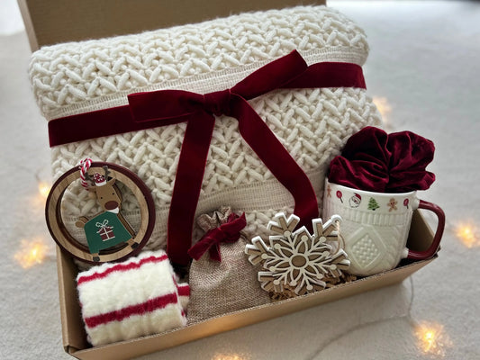 Burgundy Velvet Christmas Gift Basket for Family & Friends with Blanket & Mugs Basketful Gifts
