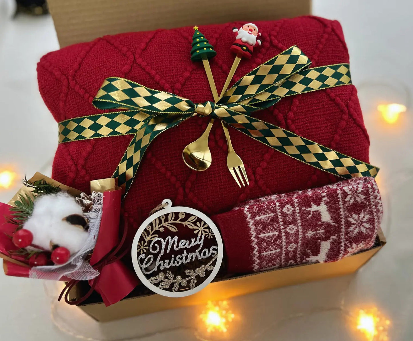 Best Grandma Christmas Gifts - Burgundy Blanket & Reindeer Socks - Basketful Gifts