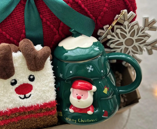 Best Xmas Gift for Wife - Cozy Santa Mug & Reindeer Socks - Basketful Gifts