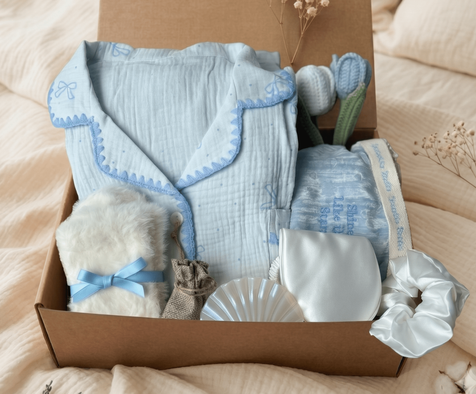 Blue Get Well Gift Hamper – Pajamas & Self-Care Set - Basketful Gifts