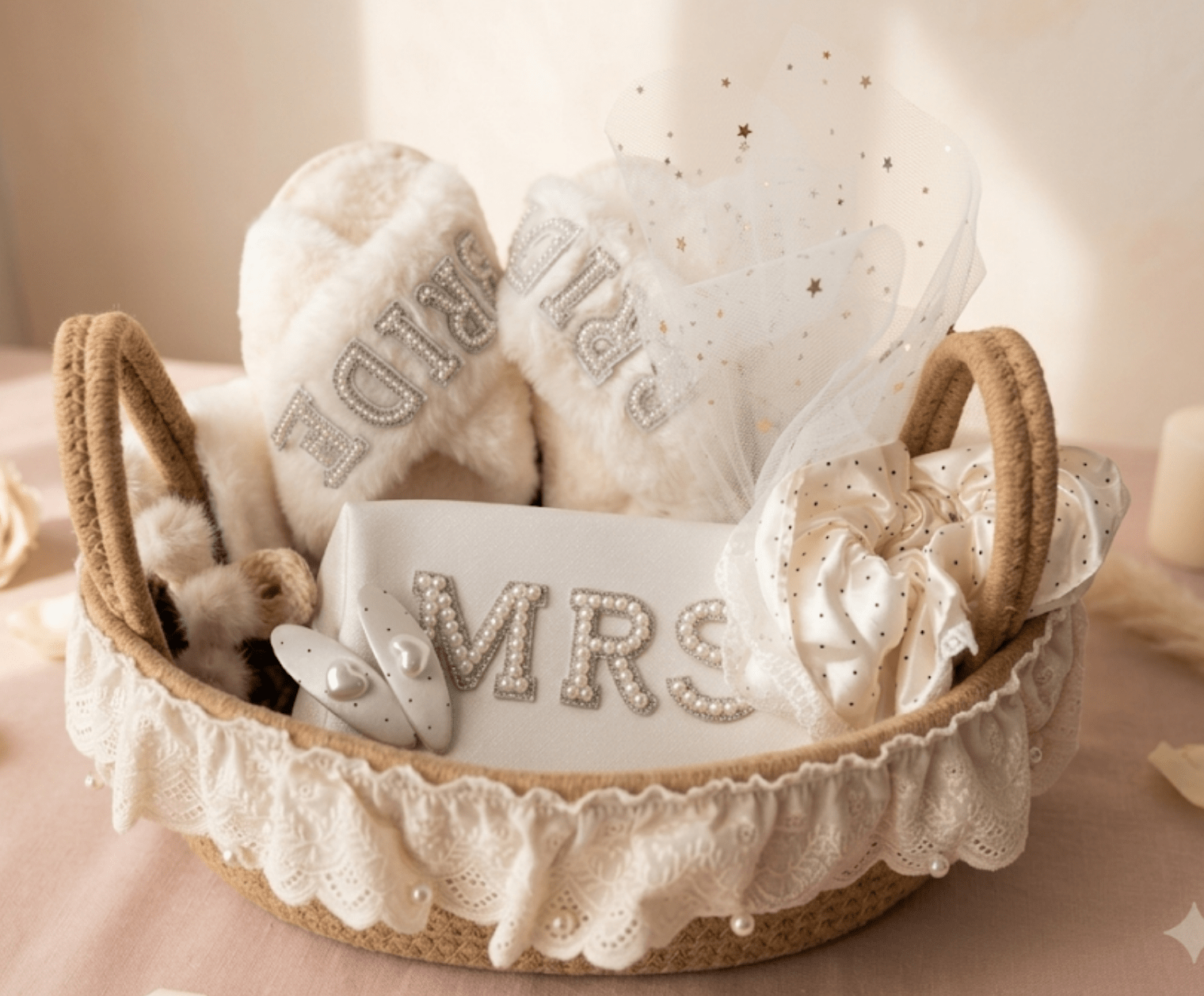 Bridal Party Gift Basket | Pearl Bride Slippers & MRS Spa Set - Basketful Gifts