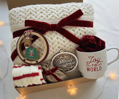 Burgundy Velvet Christmas Gift Basket for Family & Friends with Blanket & Mugs - Basketful Gifts