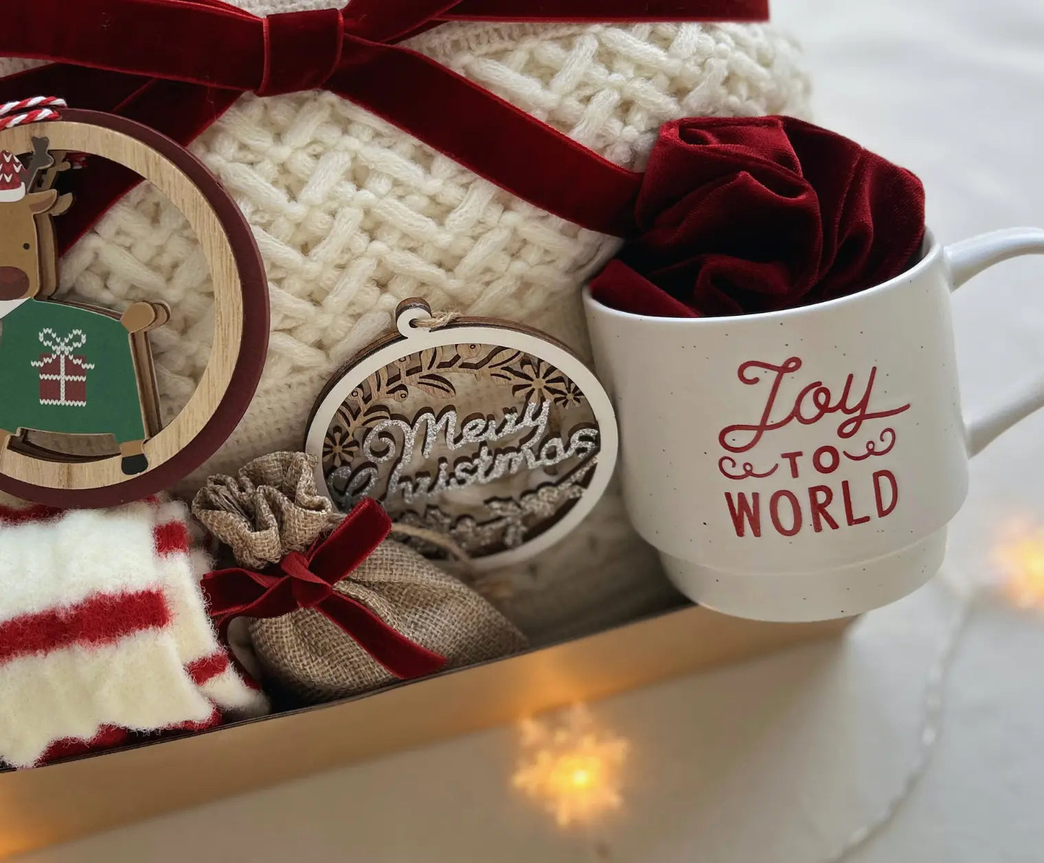 Burgundy Velvet Christmas Gift Basket for Family & Friends with Blanket & Mugs - Basketful Gifts