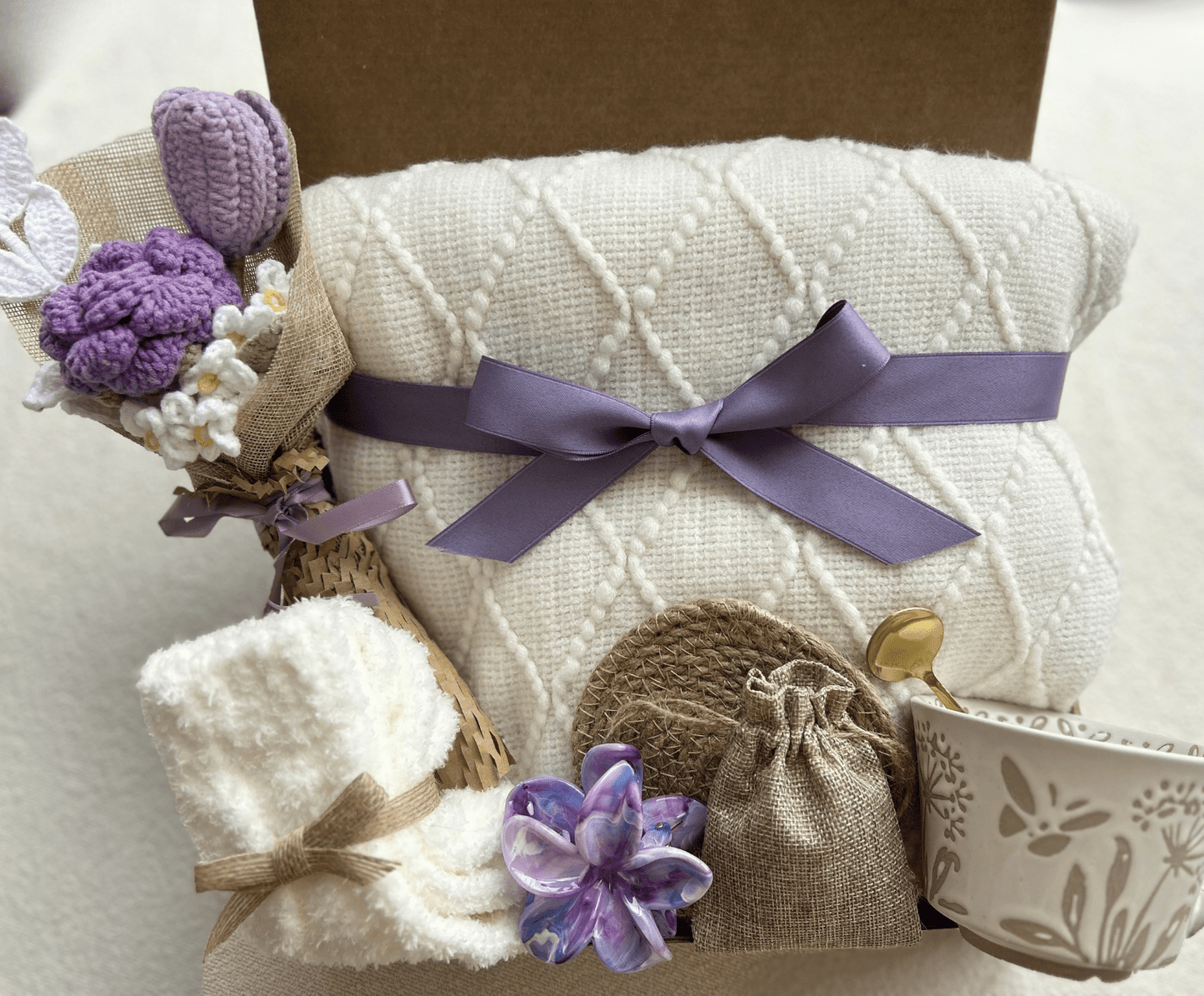 Care package gift basket handmade crochet flower bouquet in burlap wrap - Basketful Gifts